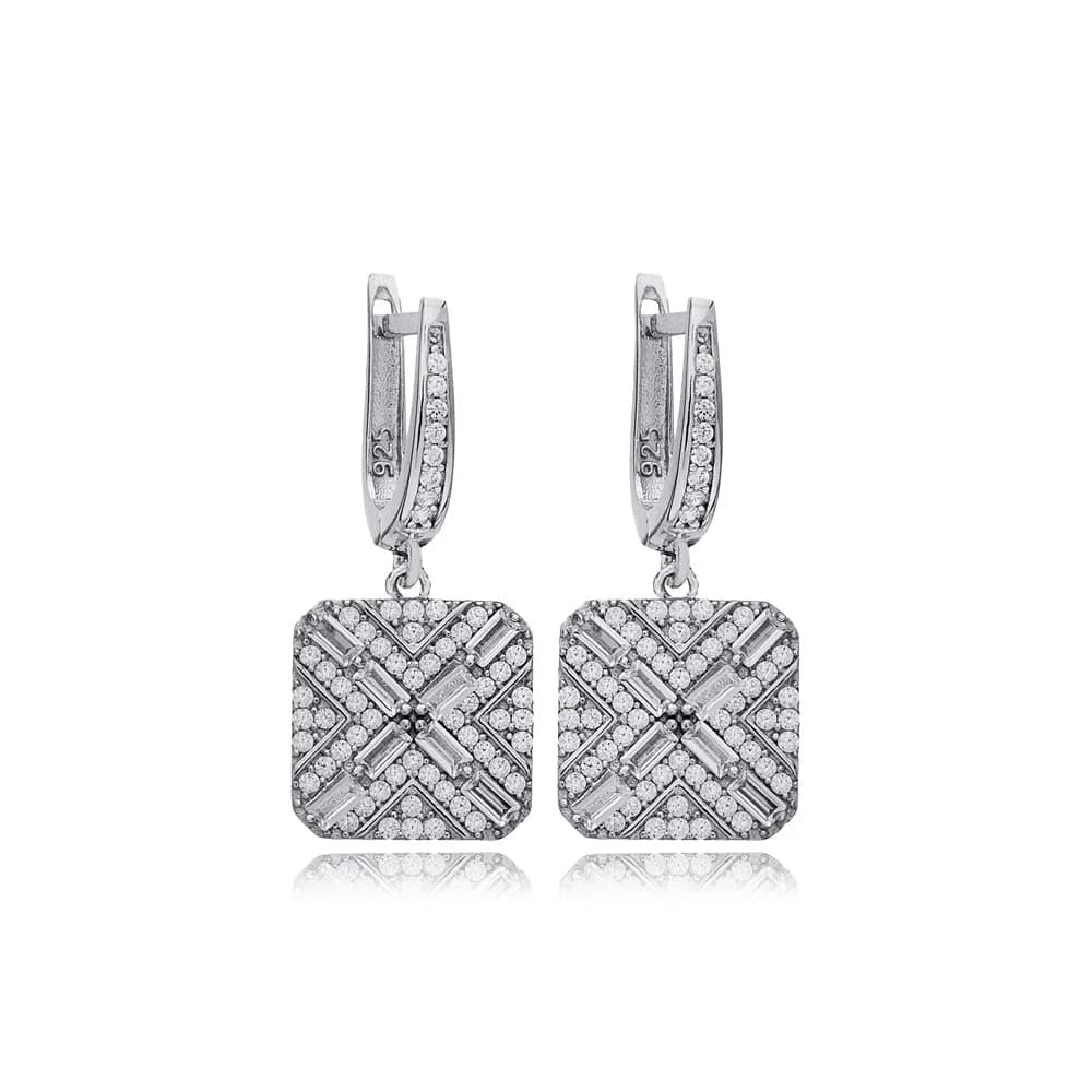 Geometric Square Design Clear Zircon Stone Dangle Earrings For Woman 925 Sterling Silver Jewelry