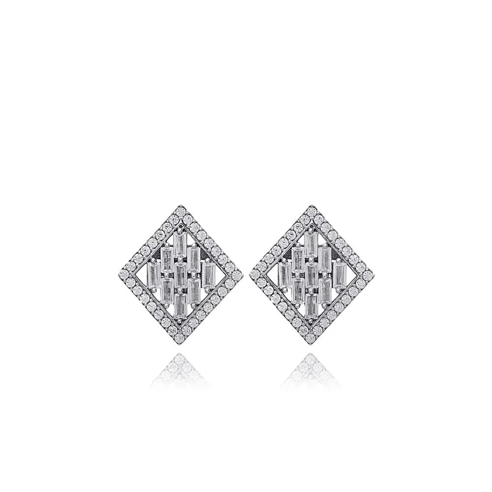 Geometric Shape Baguette Zircon Stone Stud Earrings 925 Sterling Silver Jewelry
