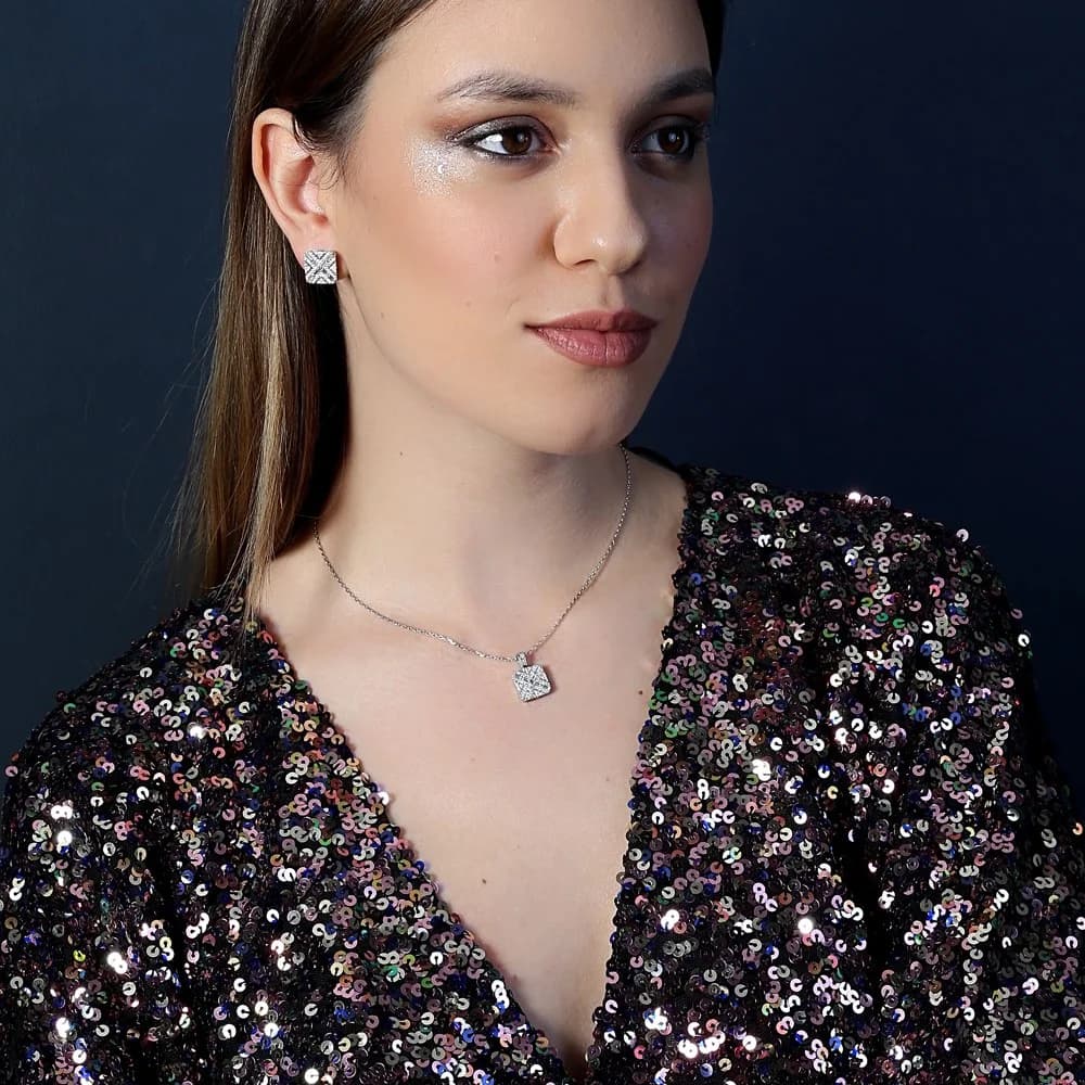 Geometric Square Design Shiny Zircon Stone Woman Stud Earrings 925 Sterling Silver Jewelry