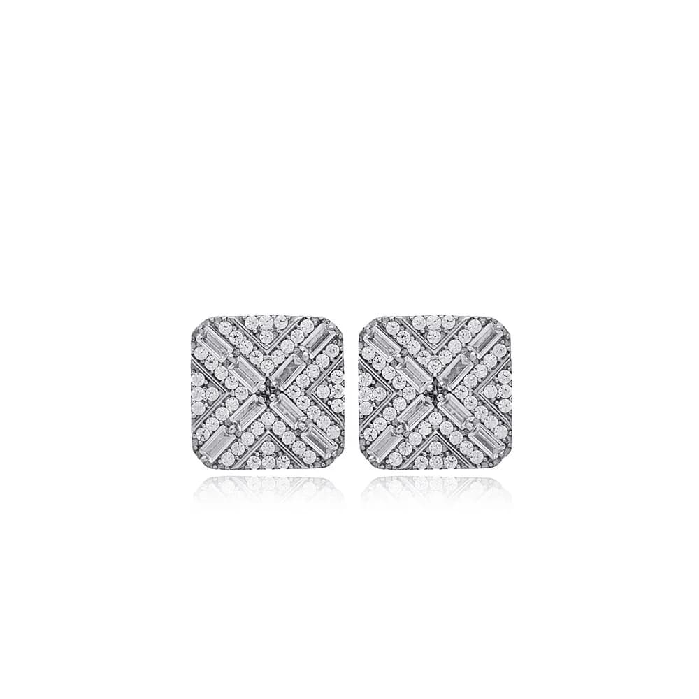 Geometric Square Design Shiny Zircon Stone Woman Stud Earrings 925 Sterling Silver Jewelry