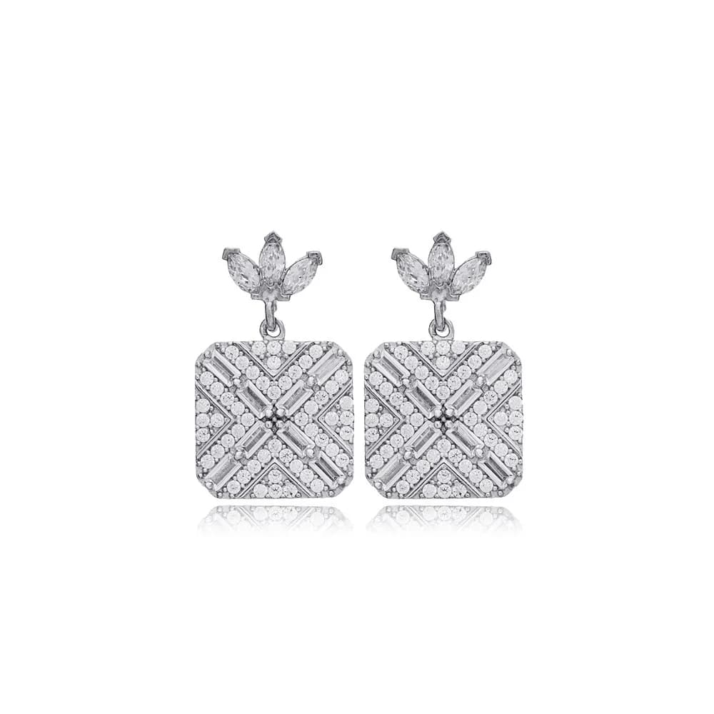 Geometric Square Cut Clear Zircon Stone Stud Earrings For Woman 925 Sterling Silver Jewelry