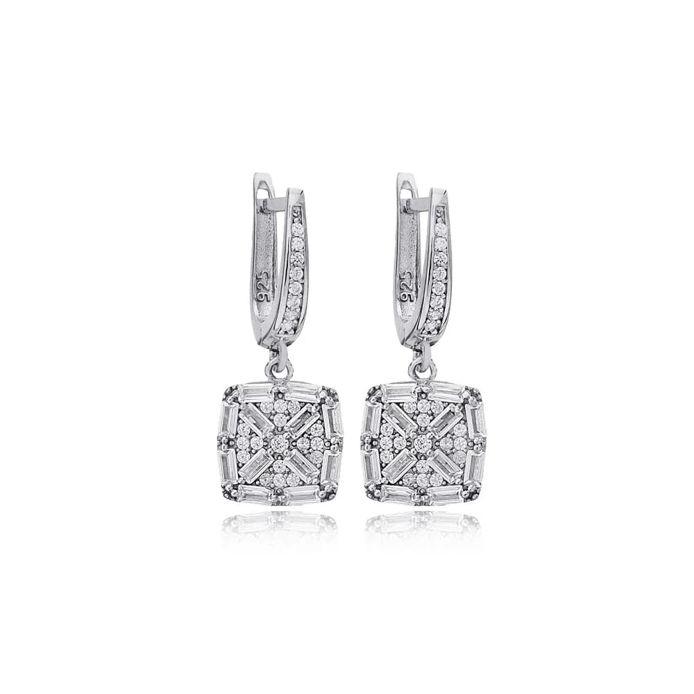 Square Geometric Design Shiny Baguette Stone Dangle Earrings 925 Sterling Silver Jewelry