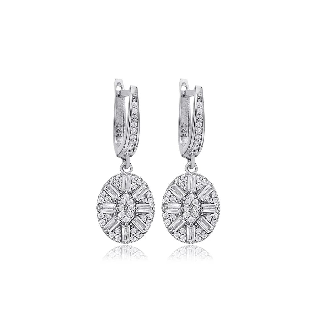 Geometric Oval Shape Baguette Zircon Stone Dangle Earrings Turkish Handmade 925 Sterling Silver Jewelry