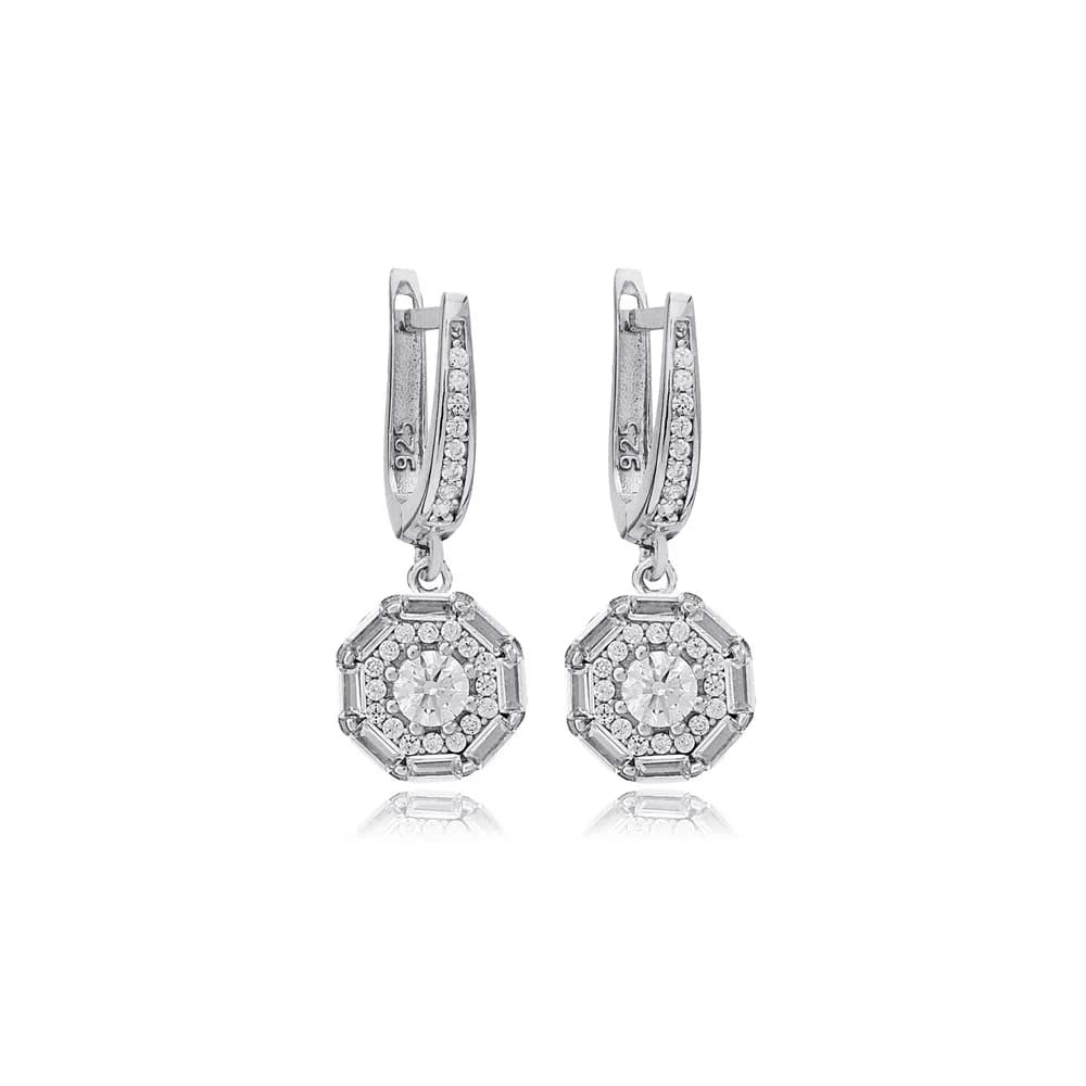 Geometric Design Clear Shiny Zircon Stone Dangle Earrings Turkish Handmade 925 Sterling Silver Jewelry