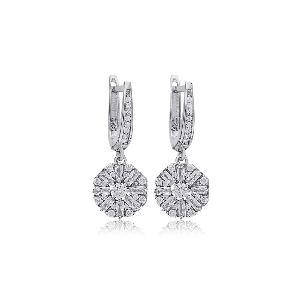 Round Cut Shiny Zircon Baguette Stone Dangle Earrings Turkish Handmade Wholesale 925 Sterling Silver Jewelry