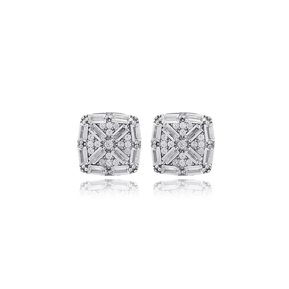 Square Geometric Design Baguette Zircon Stone Stud Earrings 925 Sterling Silver Jewelry