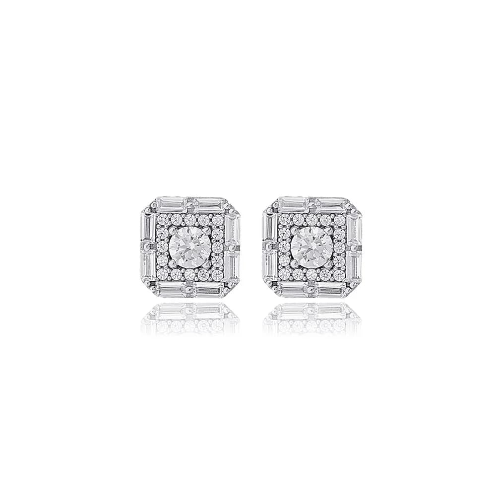 Square Geometric Design Round Cut Clear Zircon Stone Stud Earrings 925 Sterling Silver Jewelry