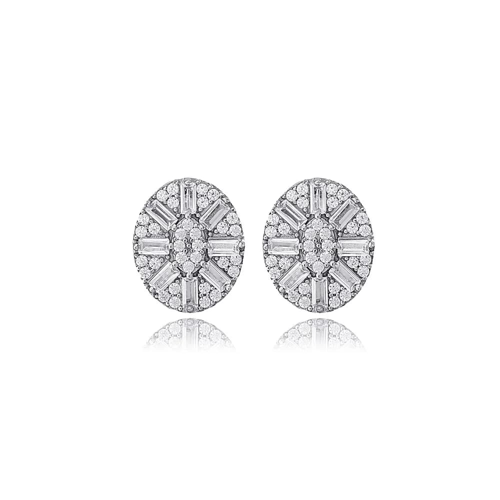 Oval Shape Baguette Stone Stud Earrings Turkish Handmade Wholesale 925 Sterling Silver Jewelry