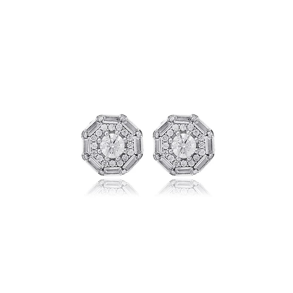Geometric Design Clear Zircon Stone Stud Earrings Turkish Handmade Wholesale 925 Sterling Silver Jewelry
