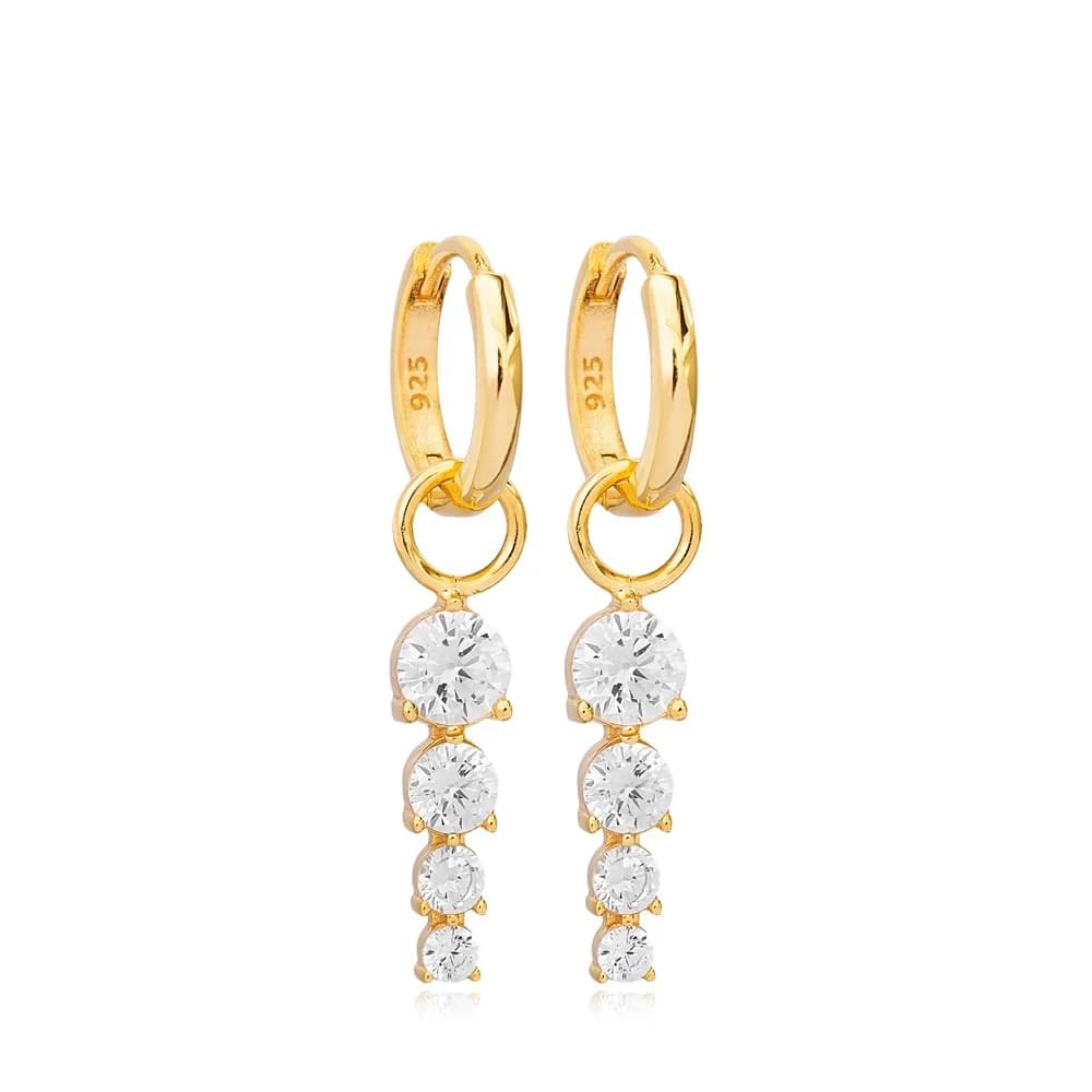 Round Shape Brillant Zircon Stone Dangle Earrings Turkish Handcrafted Wholesale 925 Sterling Silver Jewelry