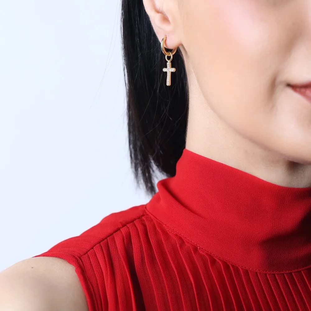 Cross Design Zircon Stone Christian Collection Dangle Earrings Turkish Handcrafted Wholesale 925 Sterling Silver Jewelry
