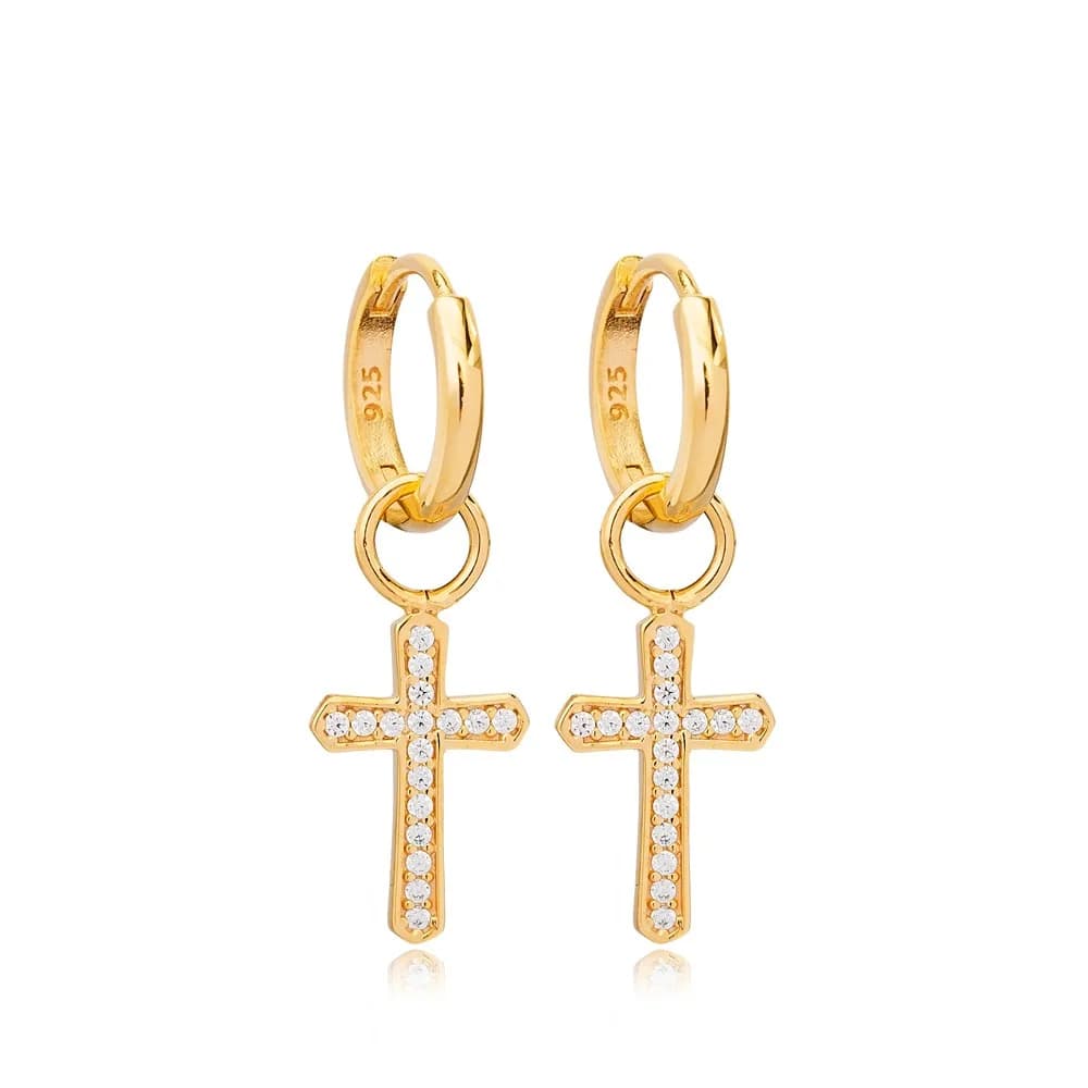 Cross Design Zircon Stone Christian Collection Dangle Earrings Turkish Handcrafted Wholesale 925 Sterling Silver Jewelry