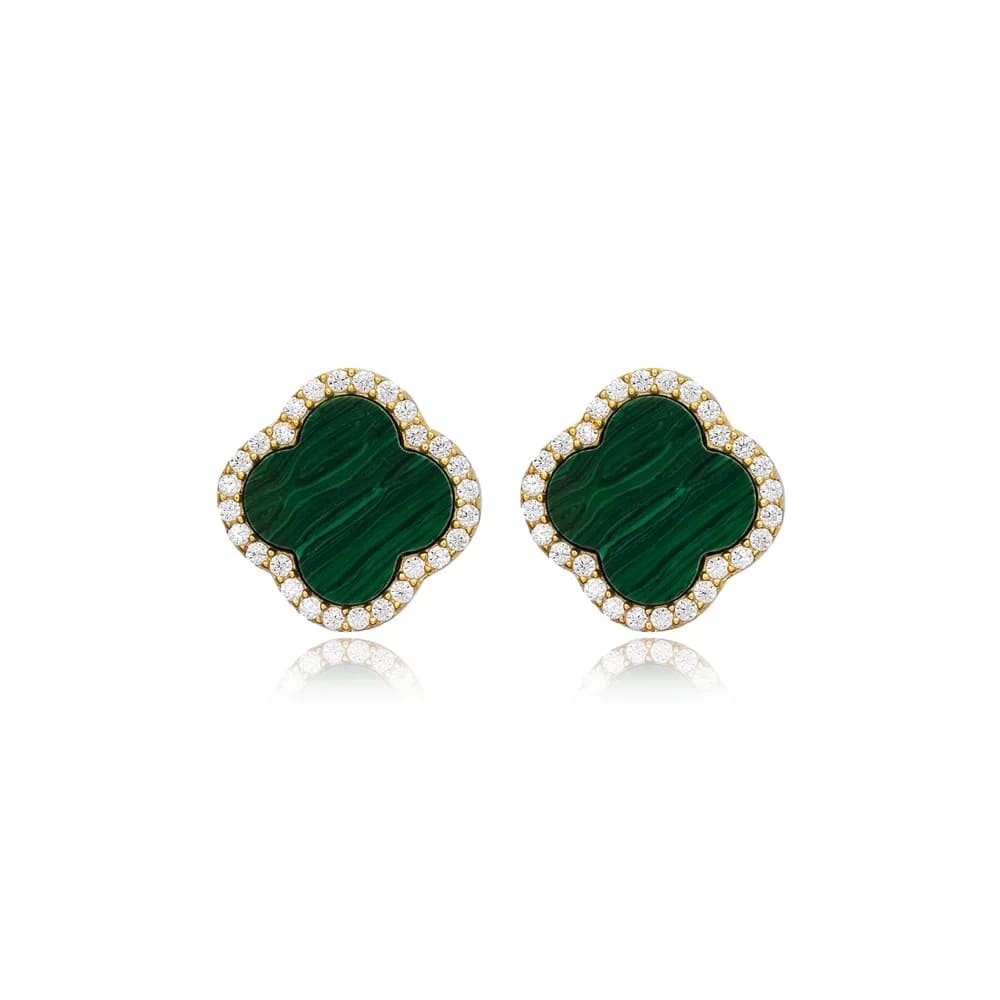 Clover Shape Charm Malachite and CZ Stone 925 Sterling Silver Stud Earrings Wholesale Turkish Handcrafted Jewelry