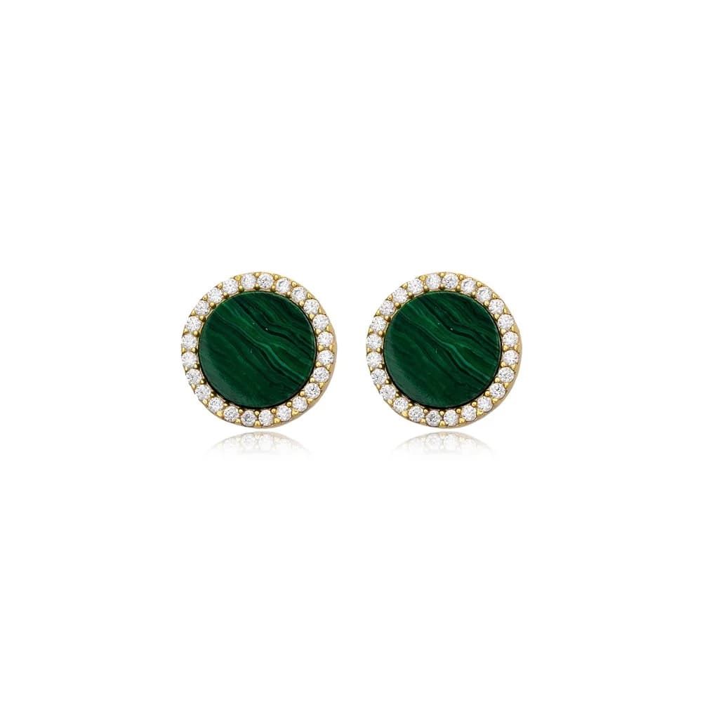 Round Shape Charm Malachite and CZ Stone 925 Sterling Silver Stud Earrings Wholesale Turkish Handcrafted Jewelry