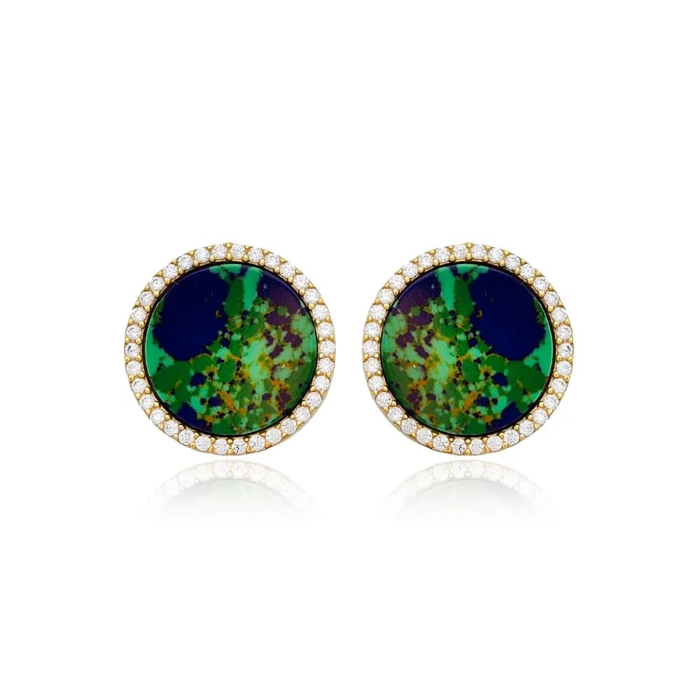 Ø15 mm Round Shape Charm Azurite CZ Stone 925 Sterling Silver Jewelry Stud Earrings Turkish Wholesale