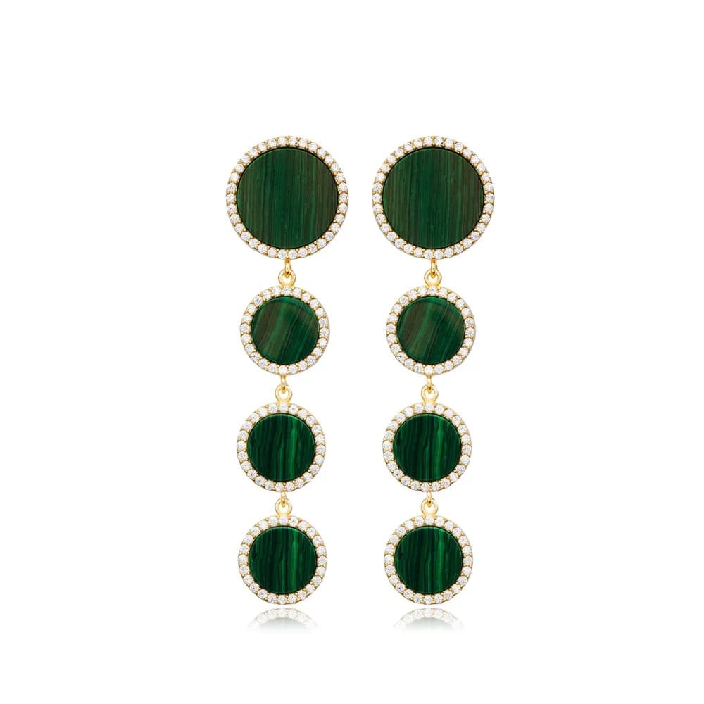 New Design Round Shape Malachite CZ Stone Long Earring Handcraft Turkish 925 Sterling Silver Jewelry
