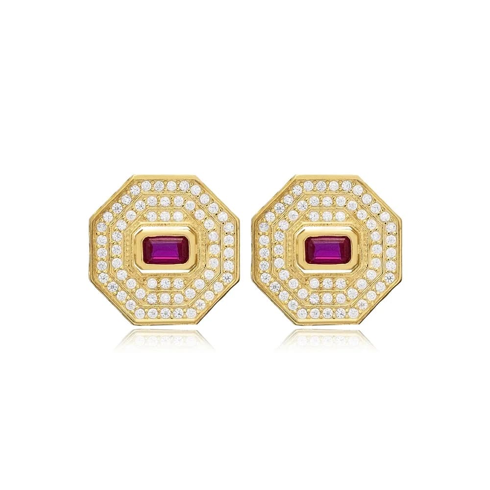 Ruby CZ Octagon Geometric Stud Earrings