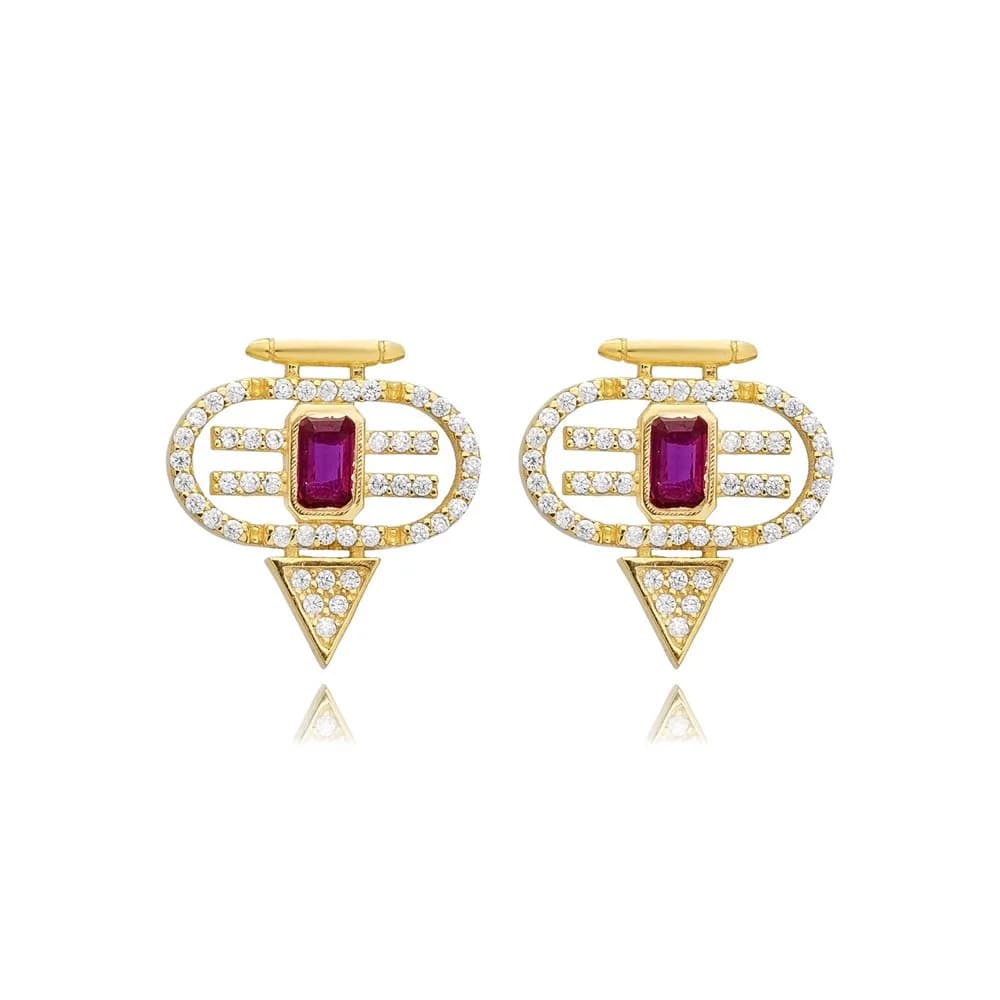 Ruby CZ Stone Geometric Stud Earrings