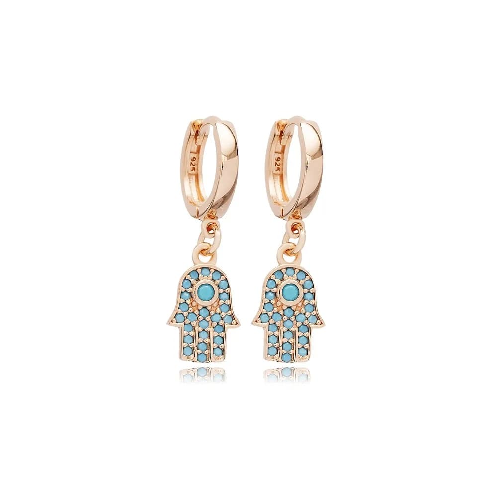 Turquoise Stone Hamsa Charm Dangle Wholesale Silver Earrings