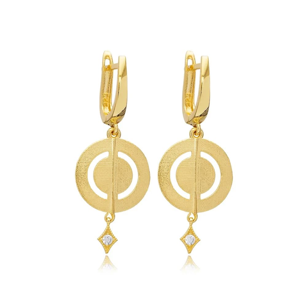 Disc Round CZ Stone Dangle Latch Back Silver Earrings Jewelry