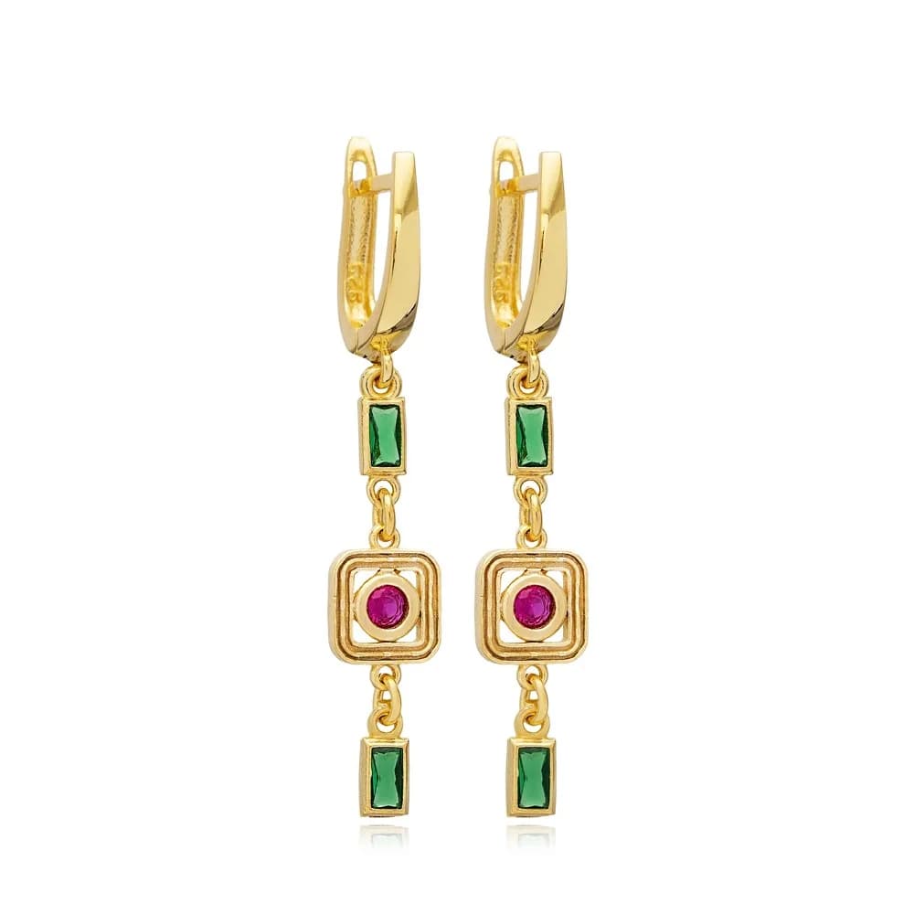 Ruby Emerald CZ Square 925 Silver Dangle Latch Back Earrings
