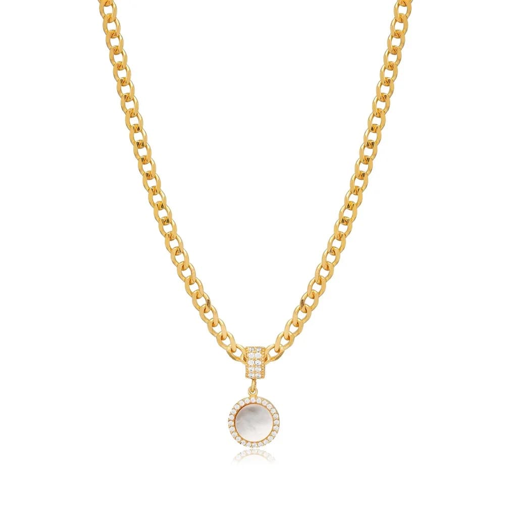 Mother of Pearl CZ Stone Charm Necklace Round Shape 925 Sterling Silver Jewelry Turkish Wholesale