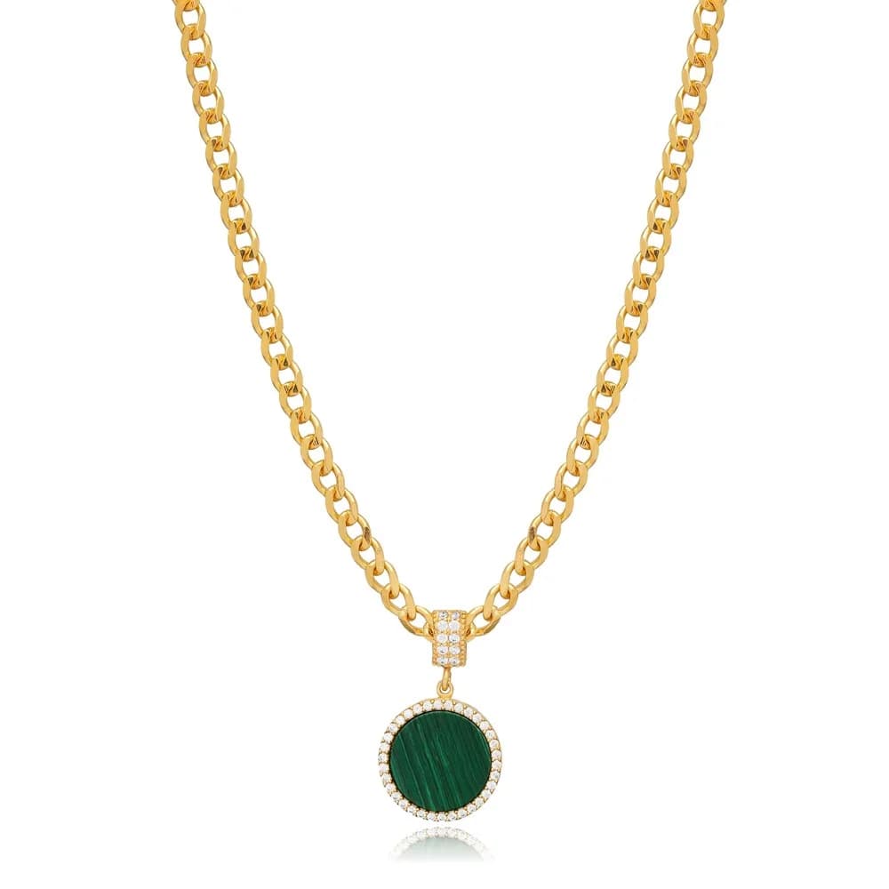 New Trend Round Shape Malachite CZ Stone Charm Necklace Turkish Wholesale 925 Sterling Silver Jewelry