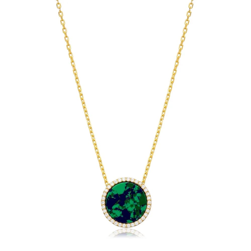 CZ Azurite Stone Round Shape 925 Sterling Silver Handmade Charm Necklace Turkish Wholesale Jewelry