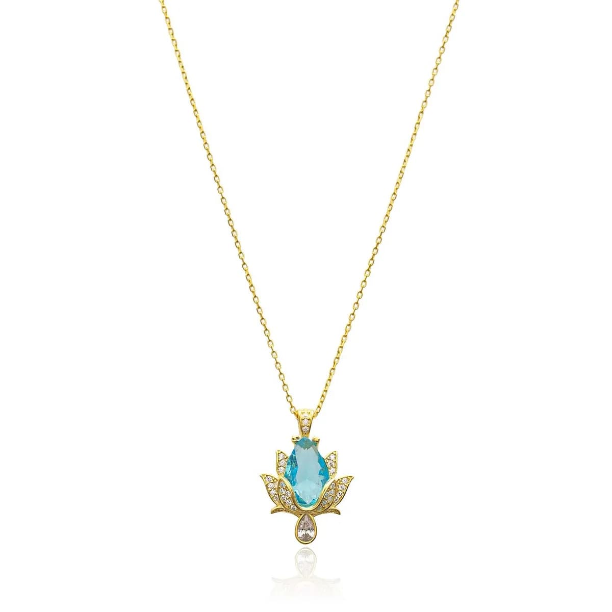 CZ Aquamarine Stone Lotus 925 Charm Necklace