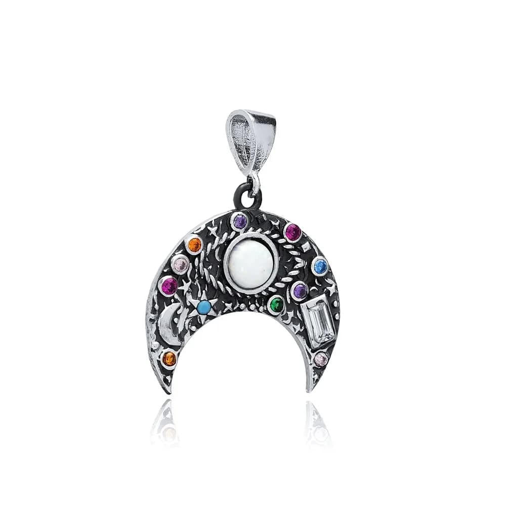 Opal Stone Moon Silver Charm Pendant