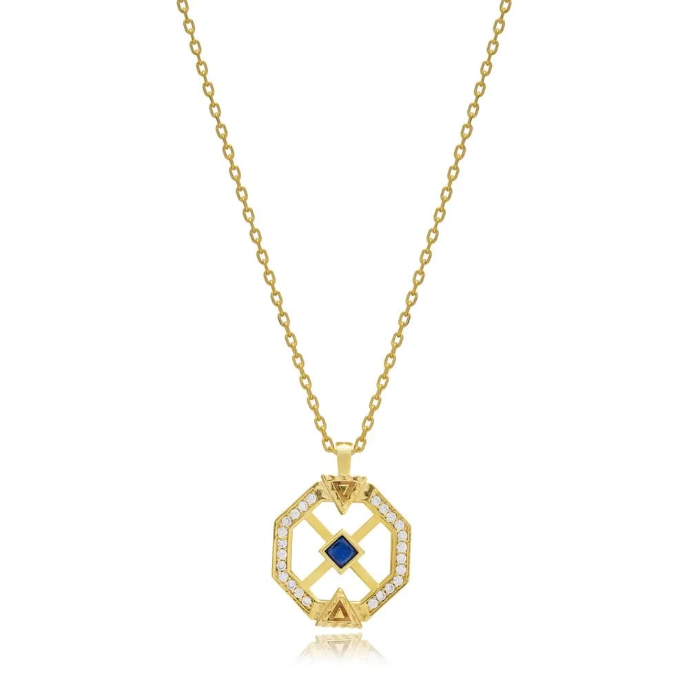 Sapphire CZ Unique Geometric Shape Sterling Silver Charm Necklace