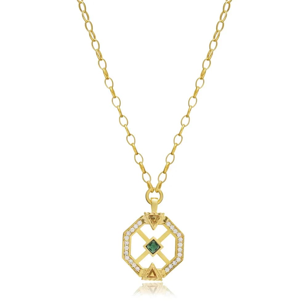 Emerald CZ Unique Geometric Design Sterling Silver Charm Necklace