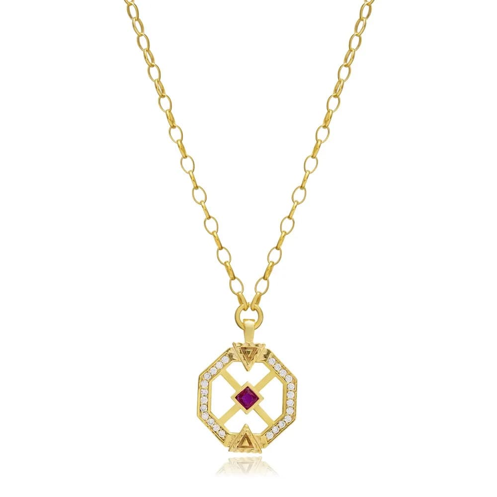 Ruby CZ Unique Geometric Design Sterling Silver Charm Necklace