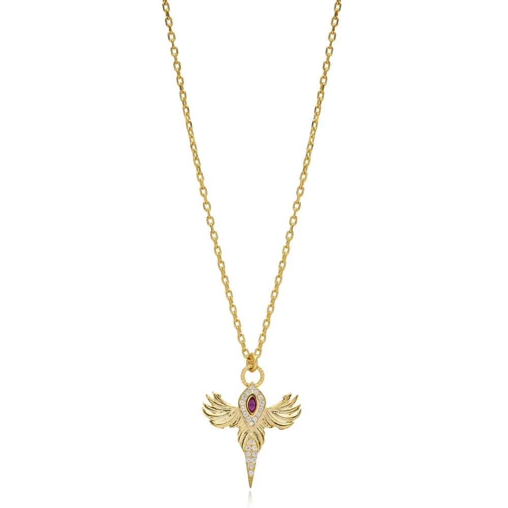 Ruby CZ Stone Phoenix Design Silver Charm Necklace Pendant
