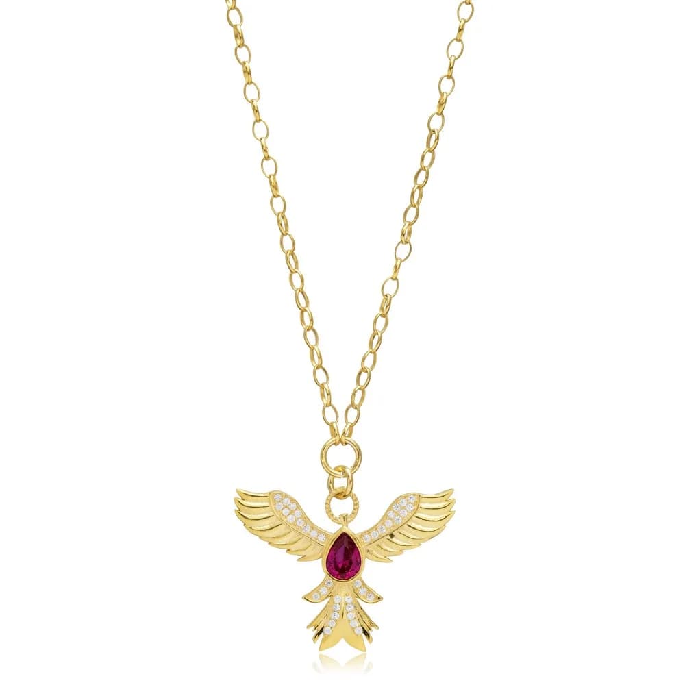 Phoenix Design Ruby CZ Stone Silver Charm Necklace Pendant