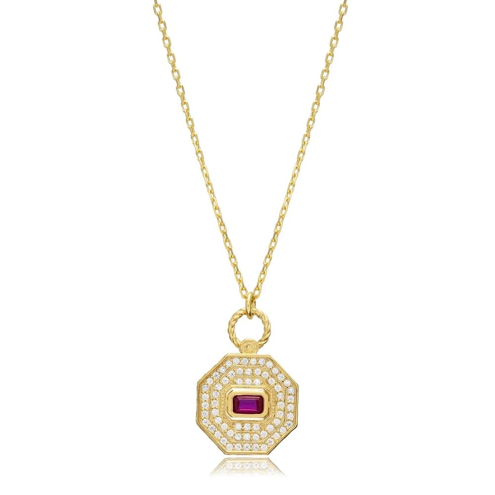Ruby CZ Octagon Shape Geometric Sterling Silver Charm Necklace