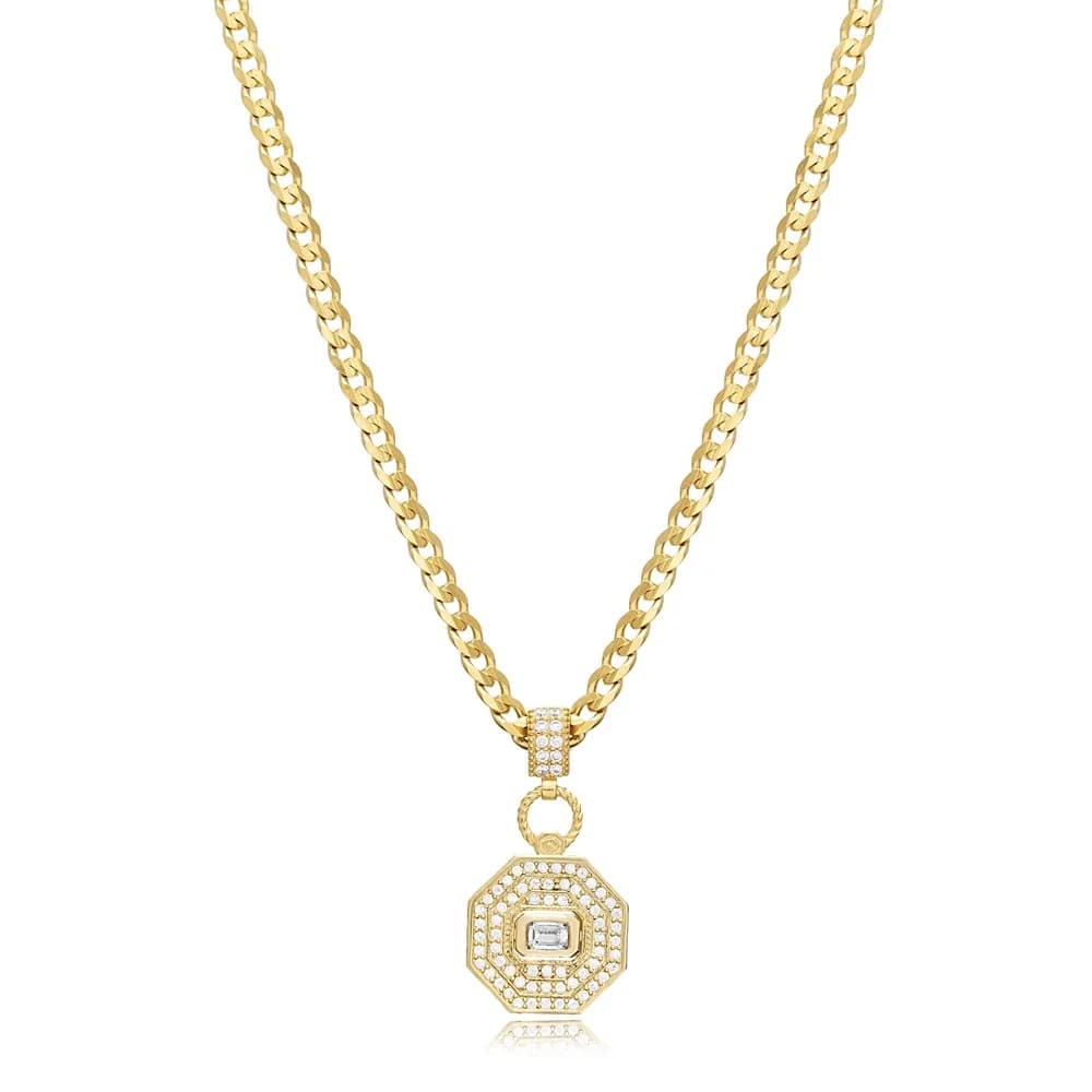 White CZ Geometric Design Gourmet Chain Silver Charm Necklace