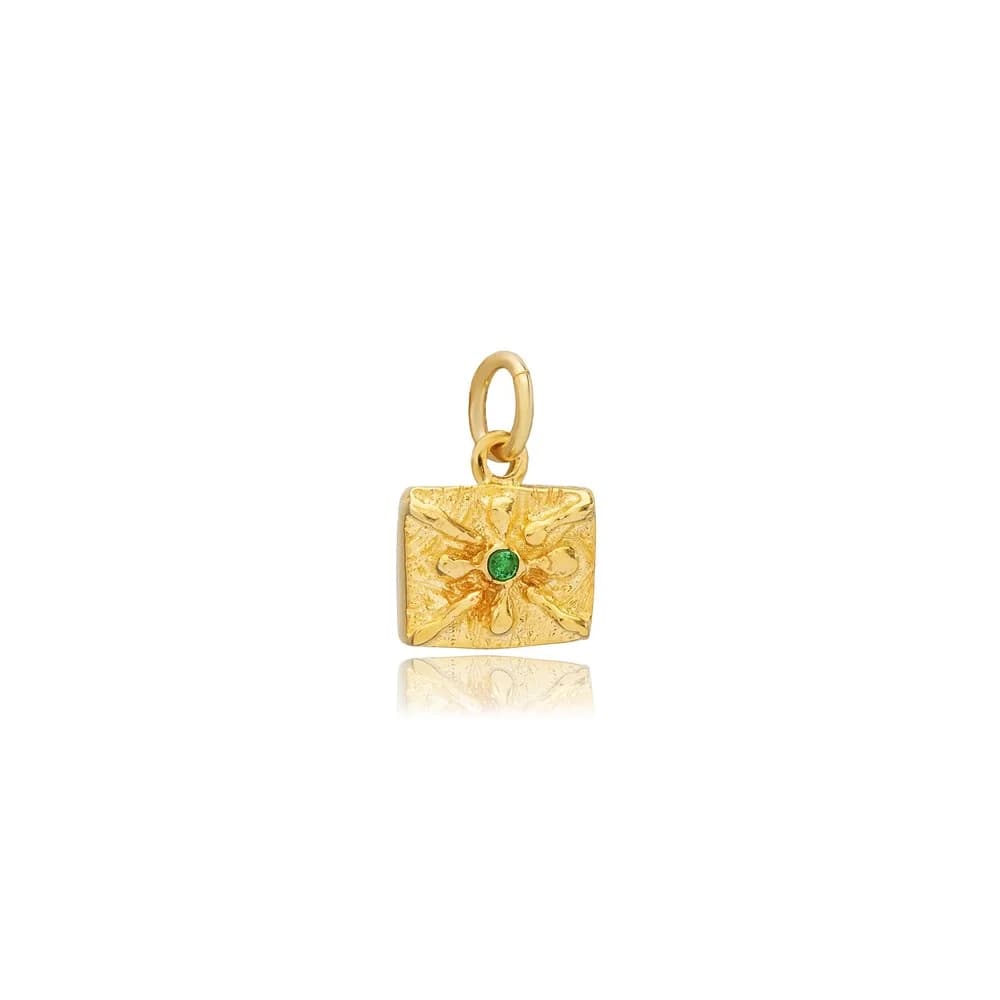Emerald CZ Silver Charm Square Sun Symbol