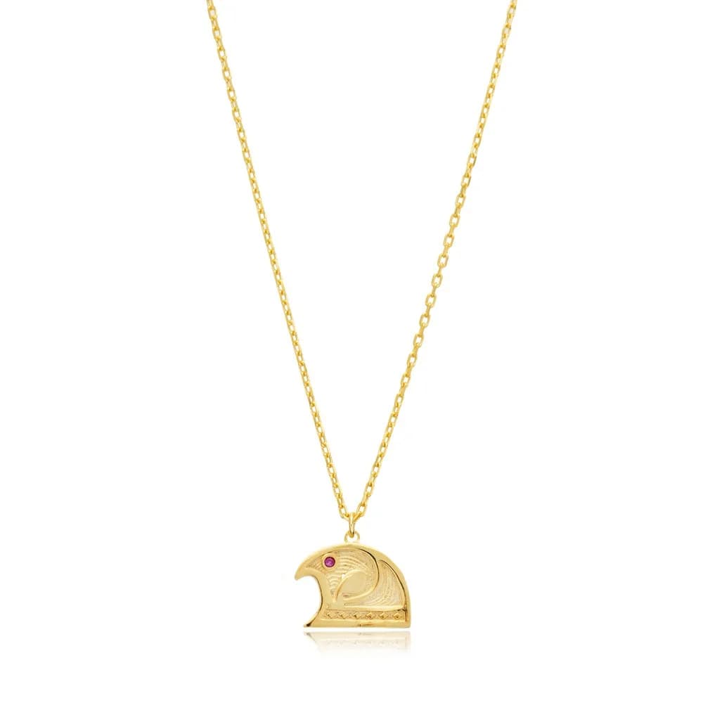 Falcon Bird Symbol Ruby CZ Charm Necklace in Egyptian Silver Jewelry