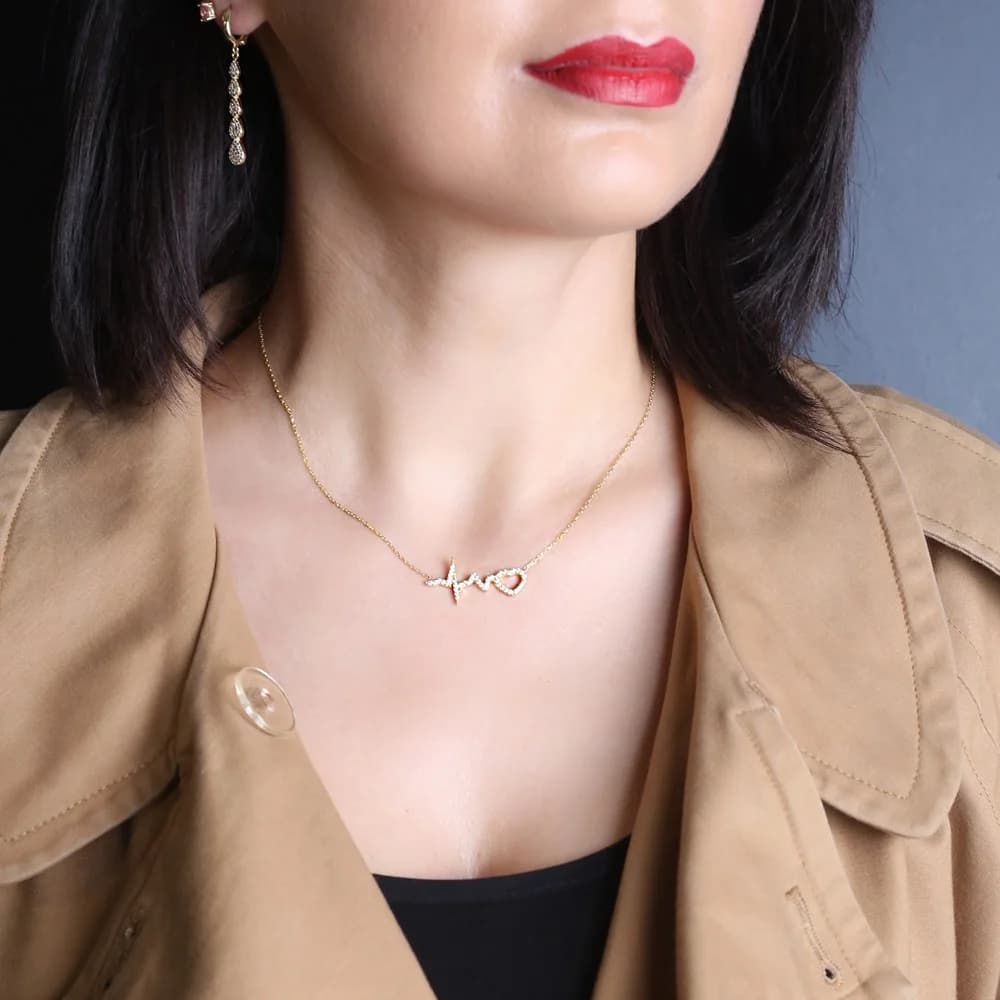 Heart And Heartbeat Design Charm Necklace Pendant Wholesale 925 Silver Sterling Turkish Jewelry