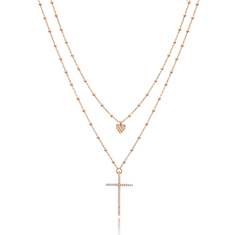 Stoned Layered Cross Pendant Turkish Wholesale Handcrafted 925 Sterling Silver Jewelry