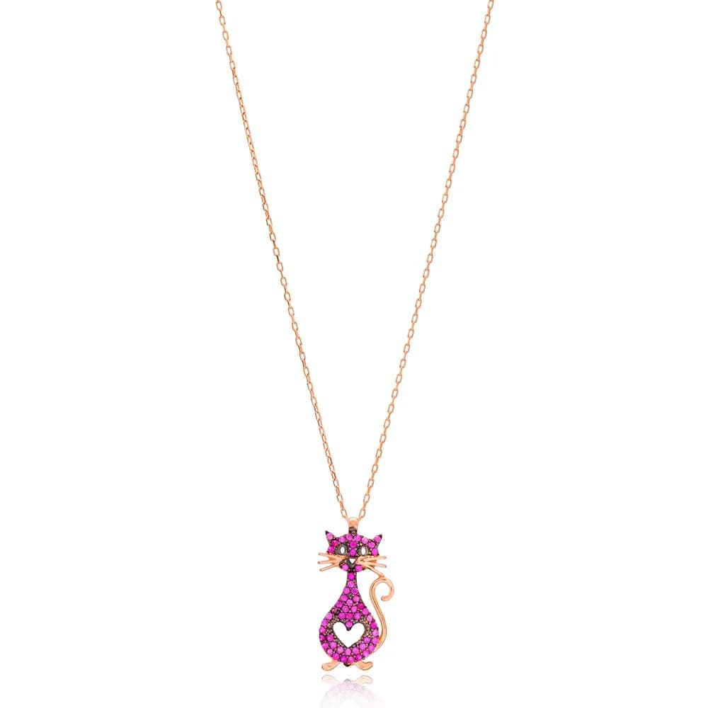 Ruby Stone Cat And Heart Design Pendant Turkish Wholesale Handmade 925 Sterling Silver Jewellery