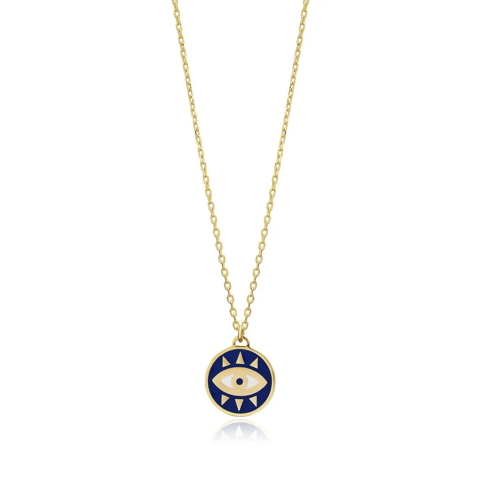 Round Dark Blue Enamel Evil Eye Pendant 925 Silver Jewelry