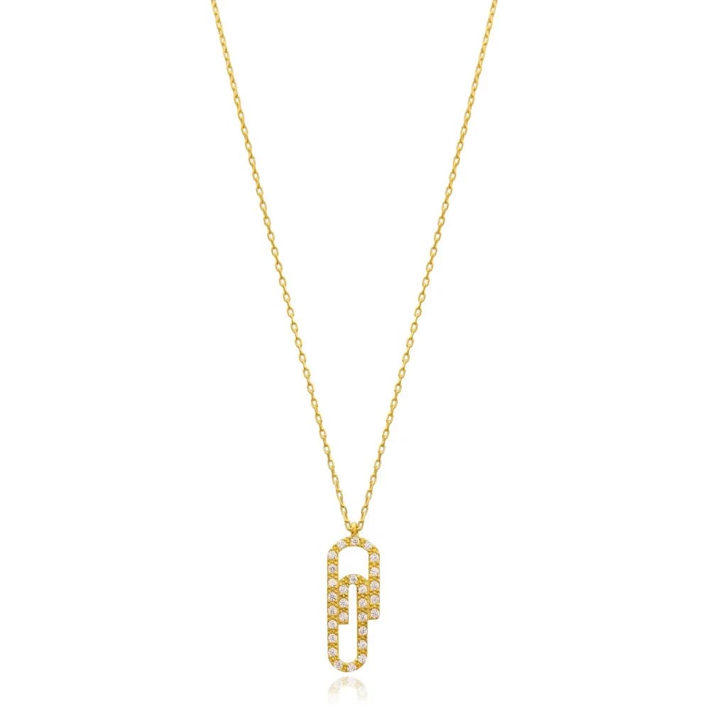 Paperclip Design Zircon Stone Minimalist Pendant Wholesale Handmade 925 Silver Sterling Necklace