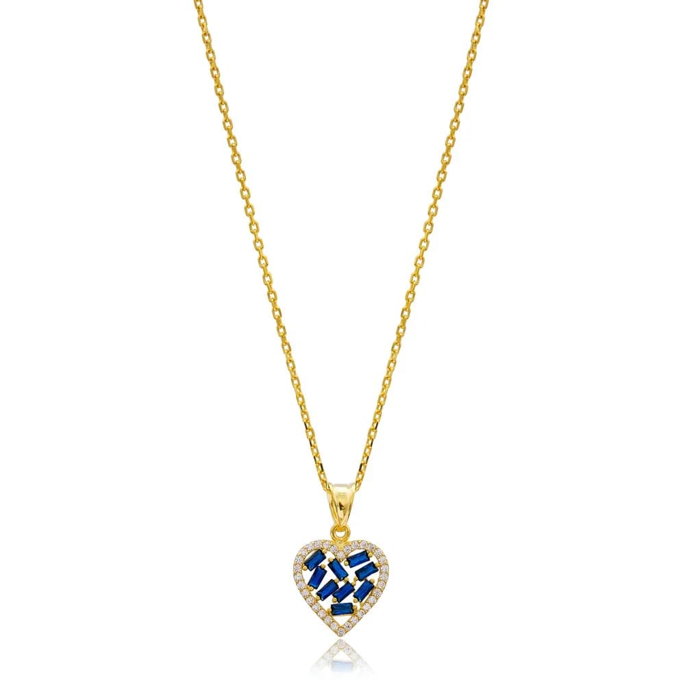 Heart Sapphire Baguette CZ Silver Necklace