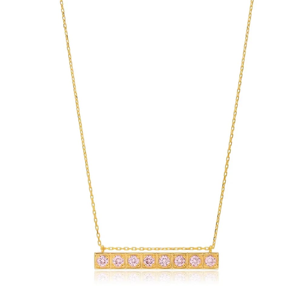 Pink Zircon Stone Dainty Bar Pendant Wholesale Handcrafted 925 Sterling Silver Necklace