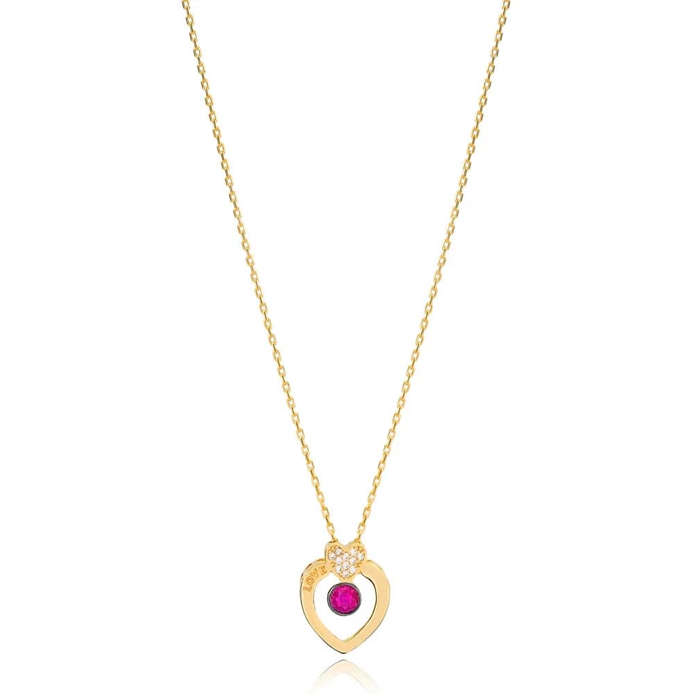 Love Letter Hearth Shape Ruby Stone Design Charm Necklace Wholesale Turkish 925 Sterling Silver Jewelry