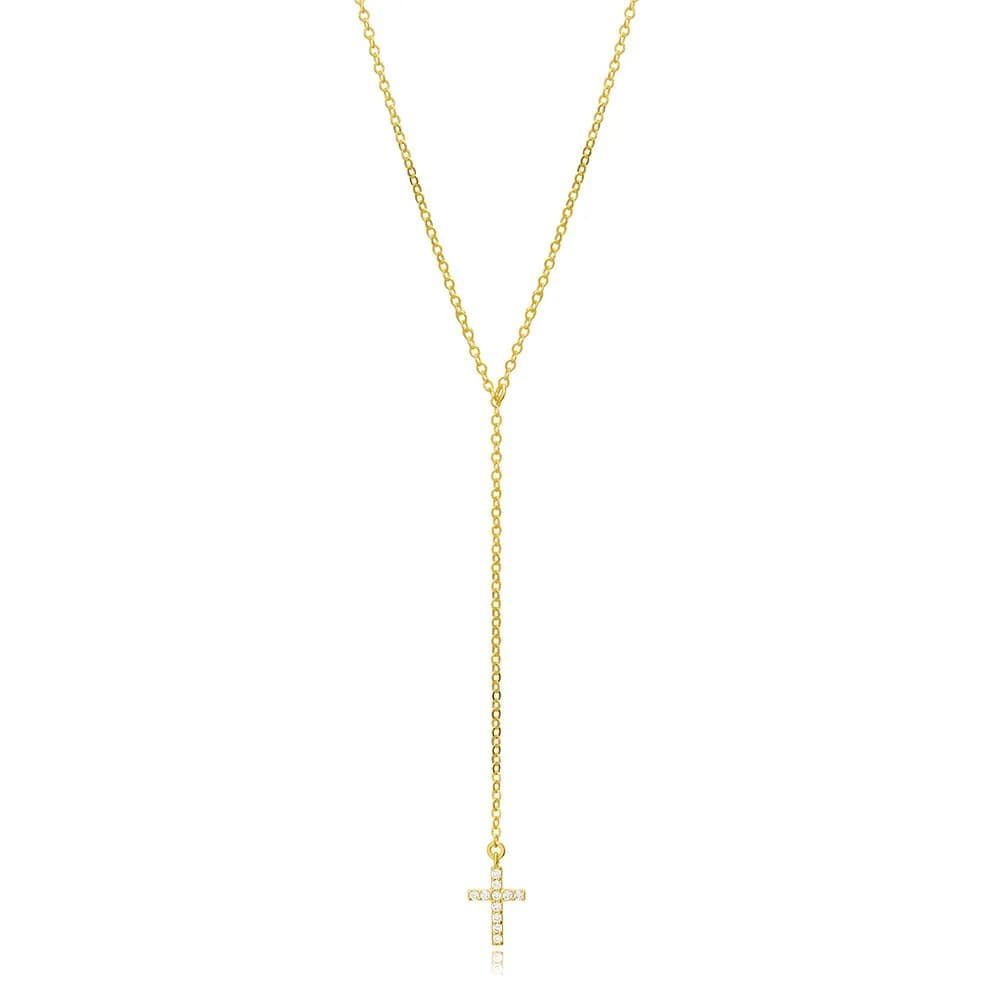 Dainty Cross Charm CZ Stone Y Design Silver Necklace