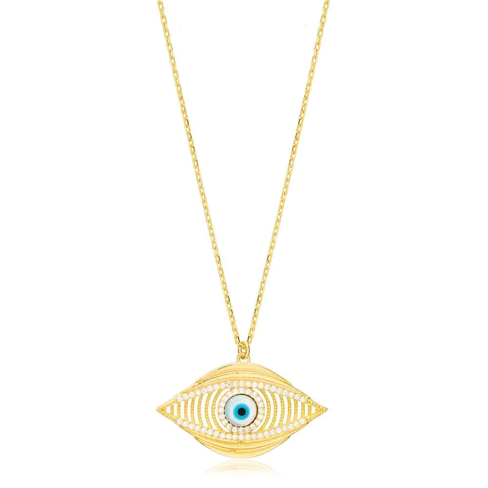 Mystic Evil Eye Link Chain Hollow Design Charm Pendant 925 Sterling Silver Jewelry