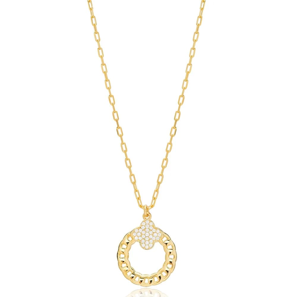 Zircon Clover Link Chain Hollow Design Charm Pendant 925 Sterling Silver Jewelry